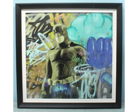 Zombiedan, 'Justice', portrait of Batman, mixed media on board, signed lower left, Zombiedan blade symbol bottom right, mount