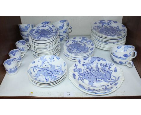 SECTION 15. A 57-piece Royal Worcester 'Blue Dragon' pattern part dinner, tea and coffee set, comprising plates, cups and sid