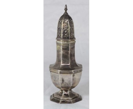 A silver sugar caster by Mappin &amp; Webb, hallmarked Sheffield, date letter rubbed, possibly 1913? 22cm high, gross weight 