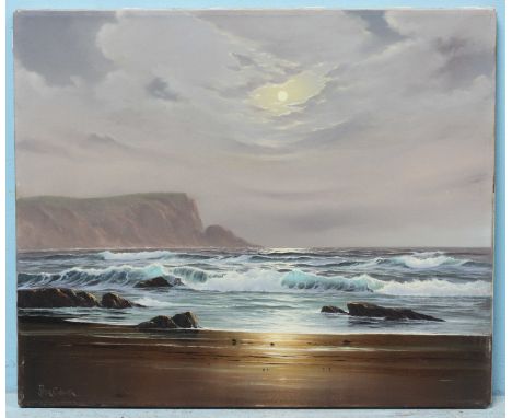 Peter Cosslett (British, b.1927), moonlit rocky seascape with cliff in the background, oil on canvas, signed in full lower le