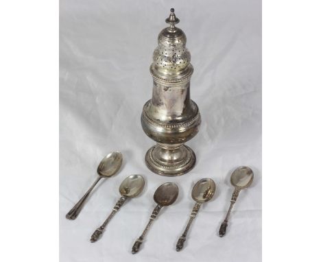 A Victorian silver sugar caster, makers marks rubbed, hallmarked London, 1892, together with five assorted silver teaspoons, 