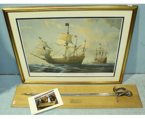 A replica basket-hilt broadsword, mounted on wooden plaque, presented to Alexandre Gaydamak and Rear Admiral John Lippiett, t