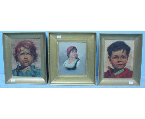 A head and shoulders portrait of a Gypsy woman, oil on canvas, approx. 25x20cm, together with a pair of head and shoulder por