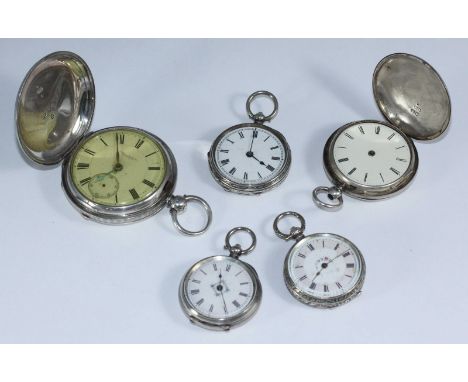 Five assorted silver-cased pocket watches, one full hunter by John Johnson, Preston, another full hunter and three open-faced