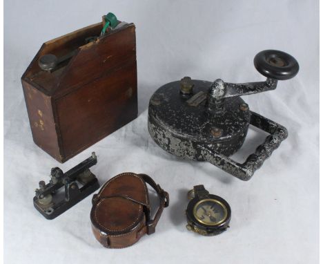A painted die-cast Klaxon hand-held winding horn, together with two morse buttons and a Watts &amp; Sons pocket field compass
