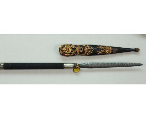 A late 19th / early 20th century Burmese / Siamese pole arm, with 29cm Pamor blade, carved, gilded and painted wooden scabbar