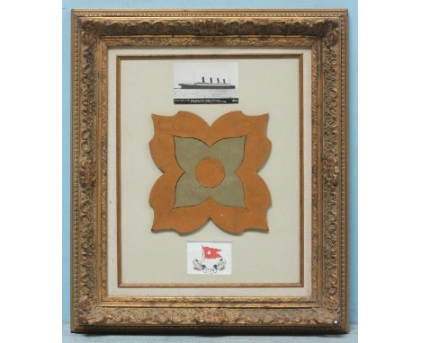 Titanic interest: A three-piece ceramic floral floor tile designed for the First Class Smoking Room of Titanic.  27cm, mounte