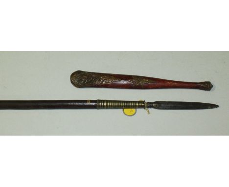 A Burmese / Siamese pole arm, 17cm narrow double-edged blade to a tapering brass ribbed ferrule, with carved and red-painted 