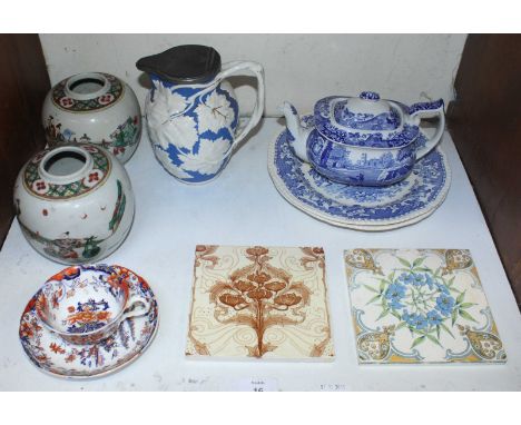 SECTION 16.  A Minton tile no. 2861 together with another tile, a pair of Chinese ginger jars, blue and white Spode teapot, a