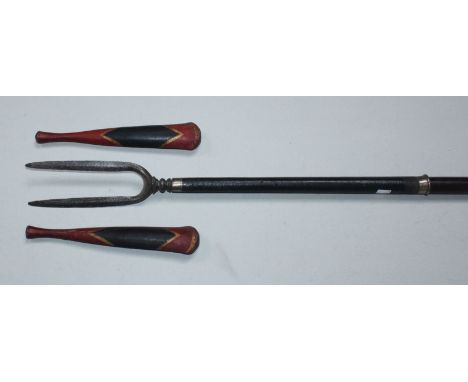 A rare Indo-Persian pole arm fork, with 20cm twin-Pamor blade with two black, red and gilt-wooden scabbards, white-metal ferr