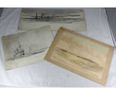 W.L. Wyllie RA (1851-1931), a preparatory watercolour sketch of sailing and steam boats with coastline beyond, attributed to 