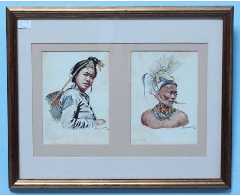 Thein Han (1910-1986) Two head and shoulders portrait studies entitled 'Naga Girl' and Naga Chief' both signed and dated '52'