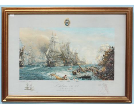 William Lionel Wyllie (1851-1931) 'Trafalgar 2.30pm' large print with illustrations and annotations to bottom of piece, in gi