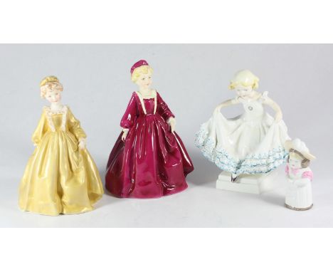 Three Royal Worcester porcelain figures including two Grandmother's Dress 3081 (scarlet and gold satin versions) and Masquera