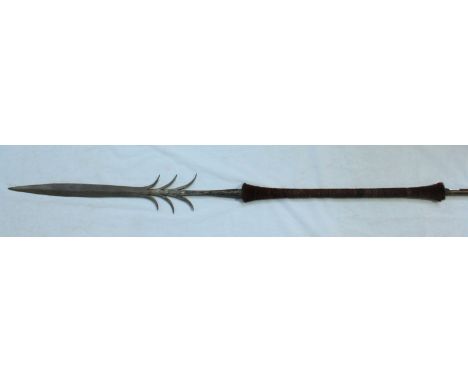 A rare Naga hunting spear, North India, with hand-forged blade of elongated leaf form with six barbs, socket fitting, died an