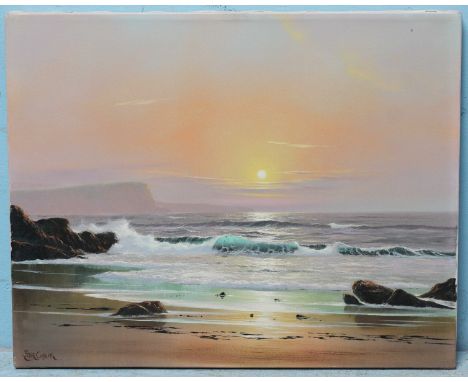 Peter Cosslett (British, b.1927), similar scene of a rocky seascape with cliff in the background, oil on canvas, signed in fu