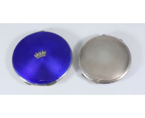 Two graduated silver and blue guilloche enamel compacts with applied silver Royal Navy crowns, the larger one approx. 9cm wid