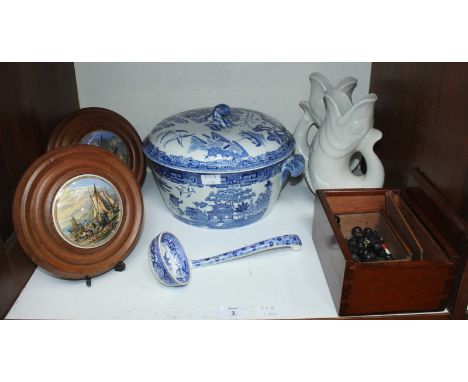 SECTION 3.  A large tureen with ladle in the 'Willow' pattern, together with a pair of glug glug jugs and two pot covers with