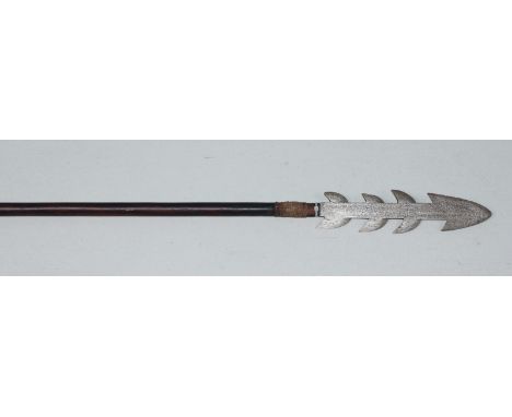 A early 20th century Igorot peoples hunting/ fishing spear (Sibat), Philippines, the flattened metal head with multiple barbs