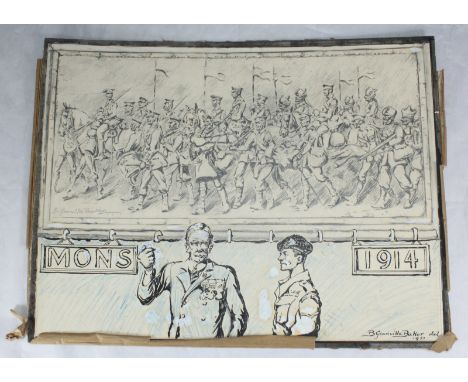 Bernard Granville Baker (1870 - 1957) An interesting pen and pencil sketch related to the Battle of Mons, signed twice and da