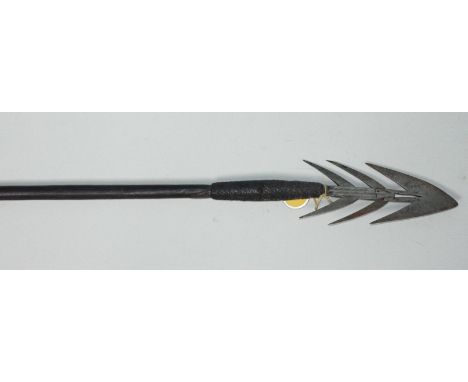 An early 20th century Igorot peoples hunting/ fishing spear (Sibat), Philippines, the flattened head with six barbs, the resi