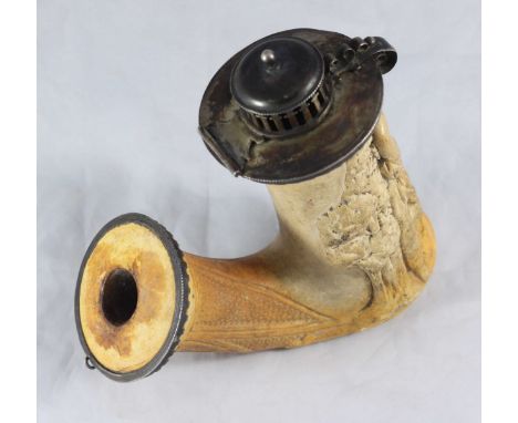 A 19th century Meerschaum pipe carved with a courting couple being spied upon, with white-metal mounts, 11cm high