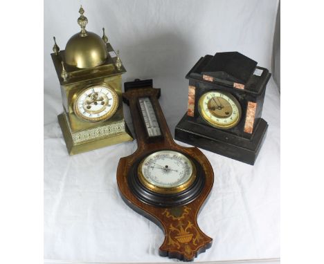 A black slate and orange veined mantel clock on stepped base, together with a brass mantel clock with pagoda top and Roman nu