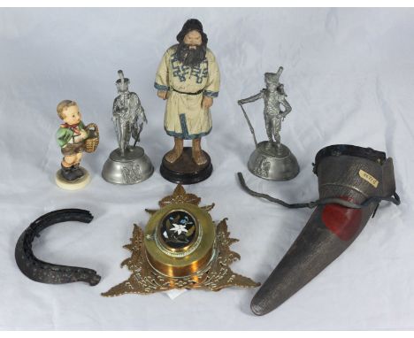 Various collectables including a brass easel photo-frame with pietra-dura oval panel, two Napoleonic soldiers, etc