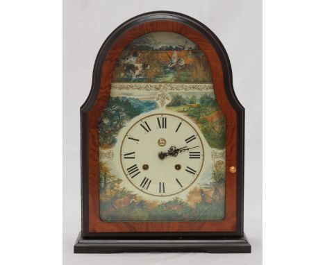 A 20th Century Franklin Mint 'Wildlife' clock, with printed dial depicting a hunting scene, in burr wood veneered case. 37cm 
