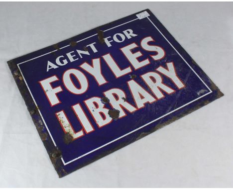 A double-sided blue enamel sign 'Agent for Foyles Library', approx. 38cm wide