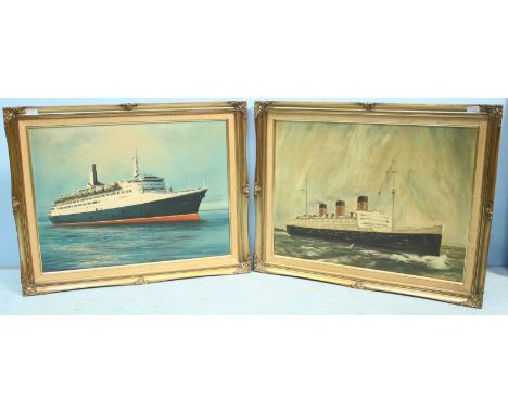 Two oil studies depicting cruise ships, one of a Cunard, the other of the Queen Mary, 45 x 59cm, together with a print of Joh