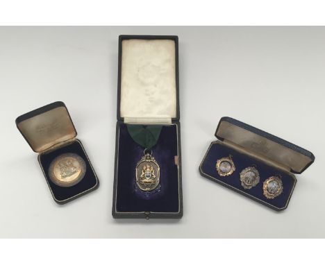 A fine quality mid 20th century silver gilt and enamel medallion for the Lady Mayoress of Derby, complete with green neck rib