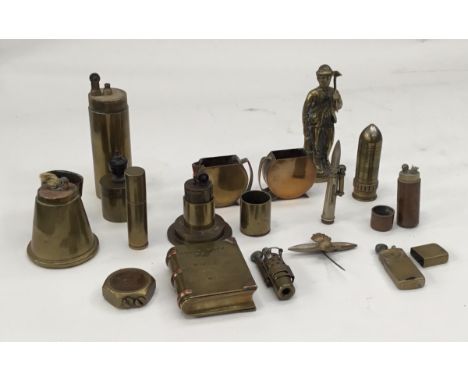 Collection of WW1 / WW2 Trench Art, includes a number of lighters one in the form of a book with a brass figure of a miner an