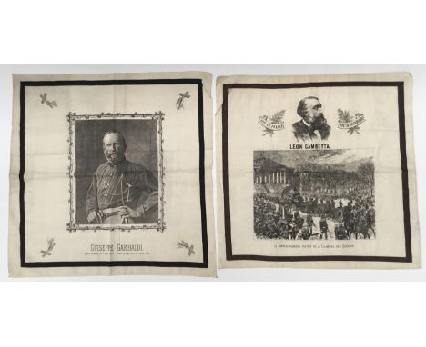 2 x 19th century Continental souvenir memorial handkerchiefs. One featuring the Italian General, Giuseppe Garibaldi (1807-188