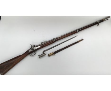 British 1858 Percussion Enfield Three Band Rifle (140cm) and Ring Bayonet (17”) with original scabbard, The condition of the 