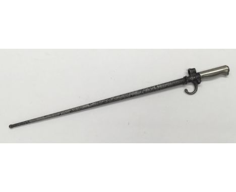 A French pattern 1886 Lebel bayonet, with scabbard. All metal construction, with polished smooth grip, hooked quillon and muz