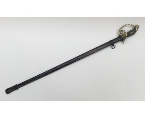 An 1889 pattern Prussian infantry officers sword. Brass hilt with fold down guard, this containing the Prussian eagle. Brass 