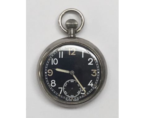 A WW2 era Swiss made GSTP pocket watch. Black dial with smaller subsidiary dial, and luminescent hands. Nickel case with broa