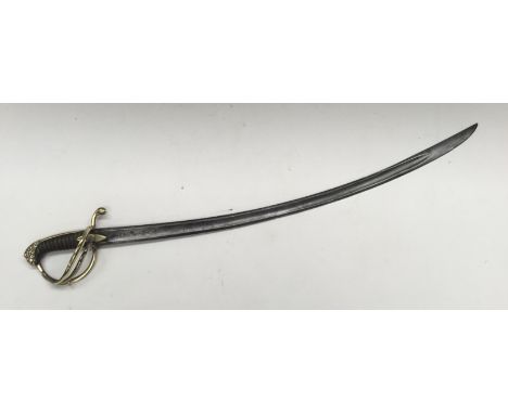 A 19th century cavalry sabre, likely French in origin. Brass 3 bar guard, with brass quillon, backpiece, and lions head pomme