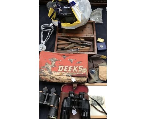 Box of Soothing paraphernalia including vintage pidgin &amp; duck decoys, two sets of Binoculars, wood working tools, bird ca