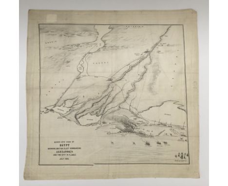 A very scarce Anglo-Egyptian War souvenir handkerchief, dating from circa 1882. Monochrome printed onto cotton, showing a map