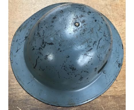 British WW2 MkII Civil Defence helmet with Original lining stamped and dated 1939, light blue with dark blue under paint. 7&r