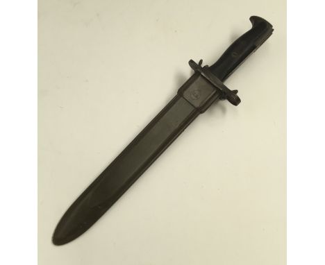 A U.S. WW2 era M1 bayonet and scabbard for the Garand rifle. Formerly the M1905 bayonet made by Springfield, the blades were 