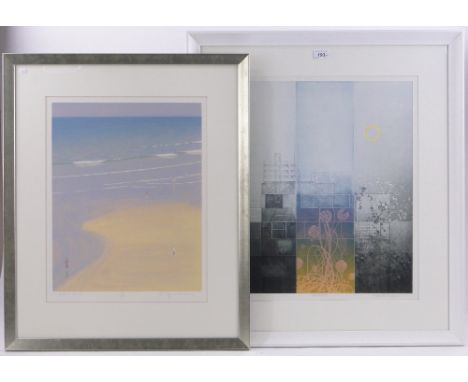 Martin Ware,colour etching, triptych, signed in pencil, p 19" x 15.5" and Clive Harris, screen print, beach scene, 17" x 13.5