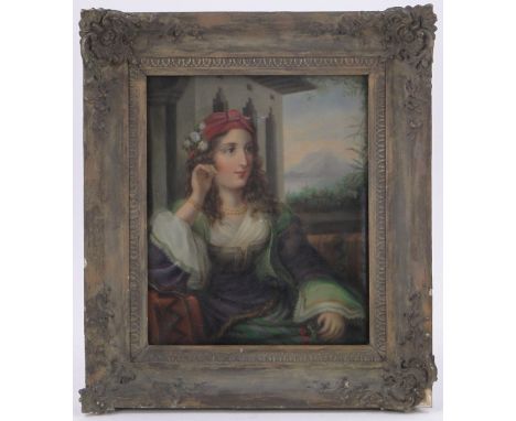 19th century oil on canvas, Orientalist portrait of a woman by a window, unsigned, 13" x 11", framed.