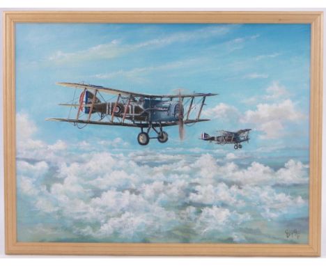Roy Gargett (1931-2015),oil on canvas, First War Tiger moths, signed and dated 2006, 18" x 24", framed.