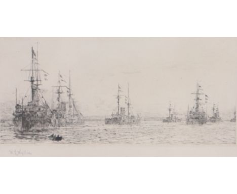 William Lionel Wyllie (1851-1931),etching, naval convoy, signed in pencil, p 4" x 8.5", framed.
