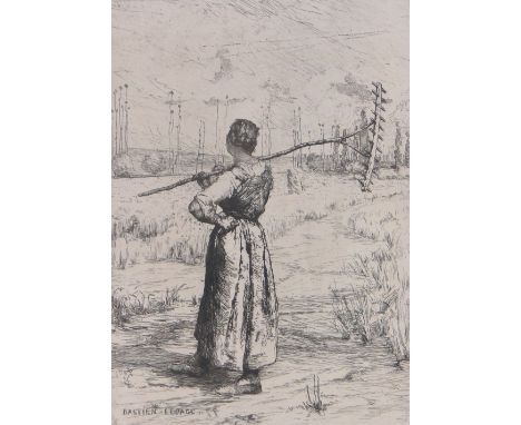 Jules Bastien-Lepage (1848-1884),etching, farm girl in the fields, signed in the plate, 11" x 7.5", framed.