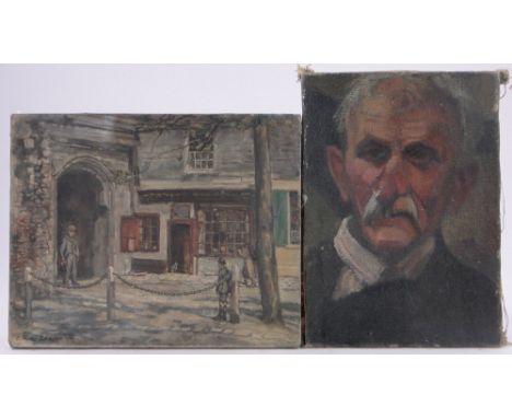 Mid 20th century oil on canvas, portrait of a man, unsigned, 14" x 10" and oil on canvas, street scene by a different hand, u