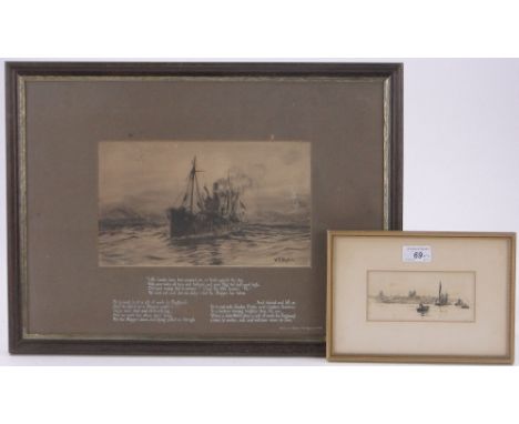 William Lionel Wyllie (1851-1931),etching, river scene, signed in pencil, 2.5" x 5.5", together with a print after Wylie, fra